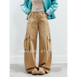 BNMGIN韩里韩气的裤子女2026复古多口袋休闲松弛感宽松阔腿工装裤