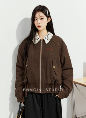 BNMGIN蕾丝领蝴蝶结夹棉外套女韩系小个子冬装加厚保暖棉衣短外套