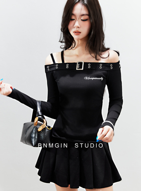 BNMGIN一字领吊带长袖t恤女款韩系酷感气质穿搭收腰修身露肩上衣
