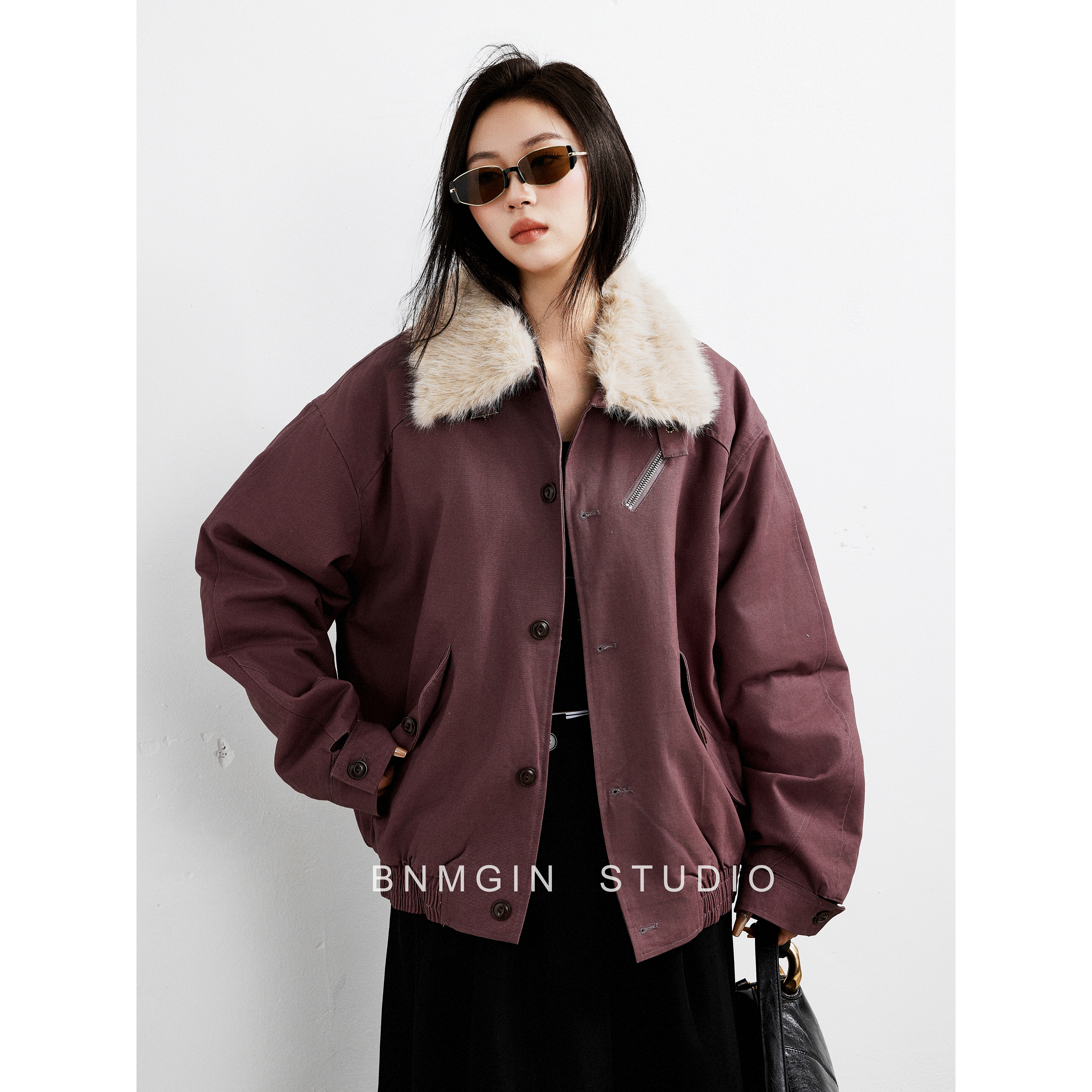 BNMGIN简约高级毛领棉服女冬季可翻高领宽松加厚保暖棉衣夹棉外套