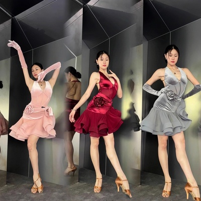 丁舞服女丝绒挂脖露背上衣鱼骨裙