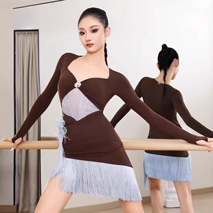 2026新款 拉丁舞服拼接咖色桃心领镂空网纱流苏连衣裙练功表演服