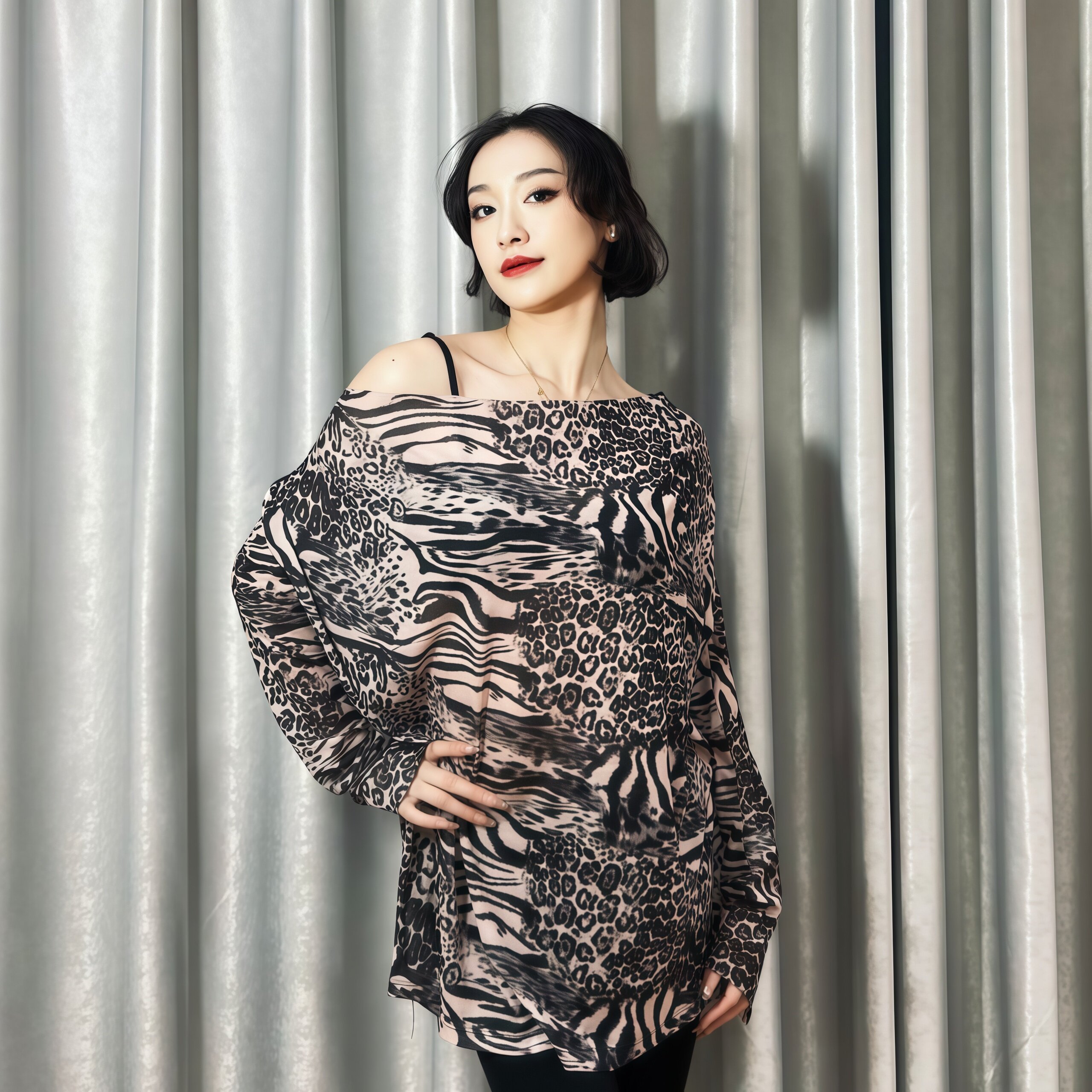 2026新款拉丁舞服成人女豹纹网纱宽松上衣国标舞训练演出服练功服