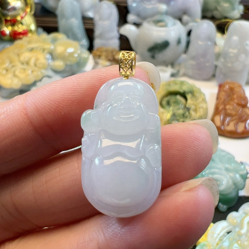 送证书天然翡翠缅料A货18 K金扣小佛
