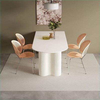 法式奶油风岩板餐桌家用轻v奢现代简约小户型餐桌椅组合靠墙饭桌