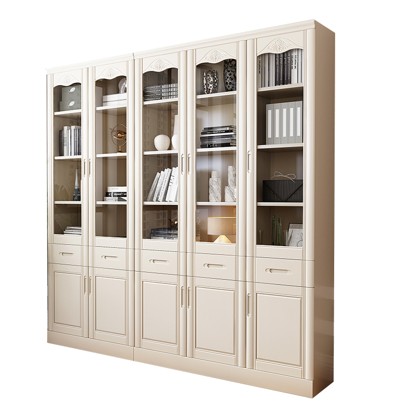 全实木书柜子g书架书橱带玻璃门现代简约中式组合橡木落地白色储