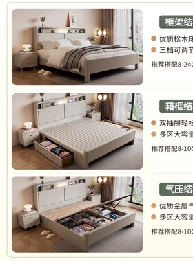 北欧实木床简约现代轻奢灰色实木高箱储物1.8m经S济型双人床主卧