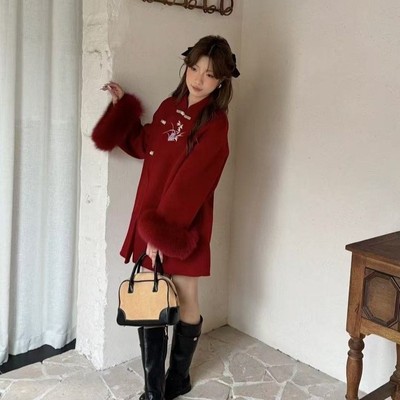 国风刺绣双面羊毛大衣女冬季