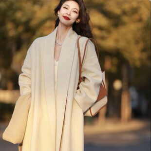 A女式毛呢外套25冬极简经典大衣女士收腰双面呢中长款羊毛外套