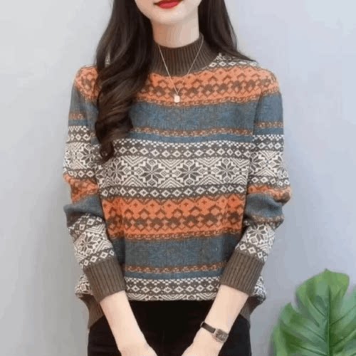 【一路繁花】时尚复古提花加厚半高领洋气秋冬新款毛衣针织衫女