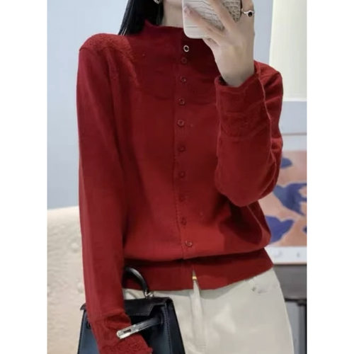 【织雾-红】秋冬新款法式勾花显瘦针织毛衣开衫洋气显瘦减龄