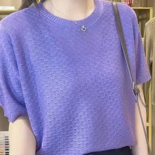短款 2025新款 夏季 体桖纯色 半袖 紫色 针织t恤女短袖