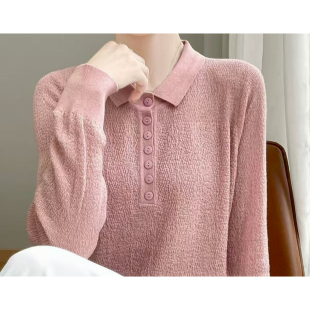 方领针织衫 洋气polo衫 长袖 打底衫 2025初秋新款 时尚 上衣 海棠粉