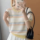 拼色条纹小狗女针织套头衫 彩虹小狗 春夏新款 圆领短袖