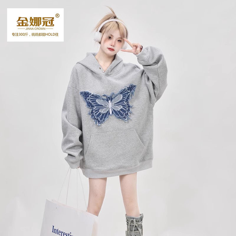 2024秋冬新款小众设计感刺绣蝴蝶连帽卫衣男女宽松大码情侣上衣潮,女装/女士精品,大码内搭,淘宝优惠券,粉丝福利购,淘宝优惠卷