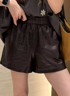 2025秋新款真皮皮裤女松紧腰短裤A字裤绵羊皮植鞣皮阔腿裤B1452