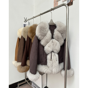 整皮霜色大狐狸毛领皮草外套鹅绒服麂皮绒大衣新款潮B2750