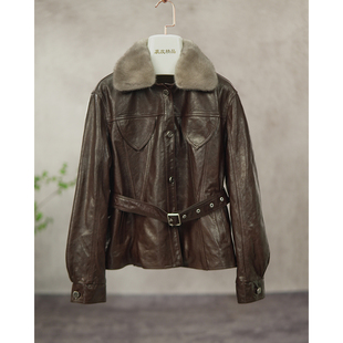 2025新款 秋冬鹅绒加厚绵羊皮水貂毛可拆卸毛领女皮衣B2320