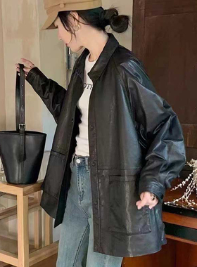 新款绵羊皮真皮皮衣女中长款廓形女衬衫宽松休闲外套气质B1347