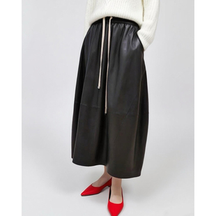 全植鞣绵羊皮花苞真皮皮裙女2025秋冬新款风抽绳真皮半裙B1292