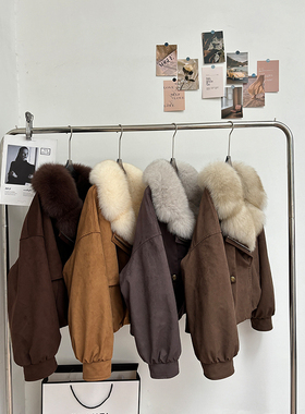 狐狸毛领短款皮草外套女鹅绒内胆麂皮绒2025新款时尚B2733