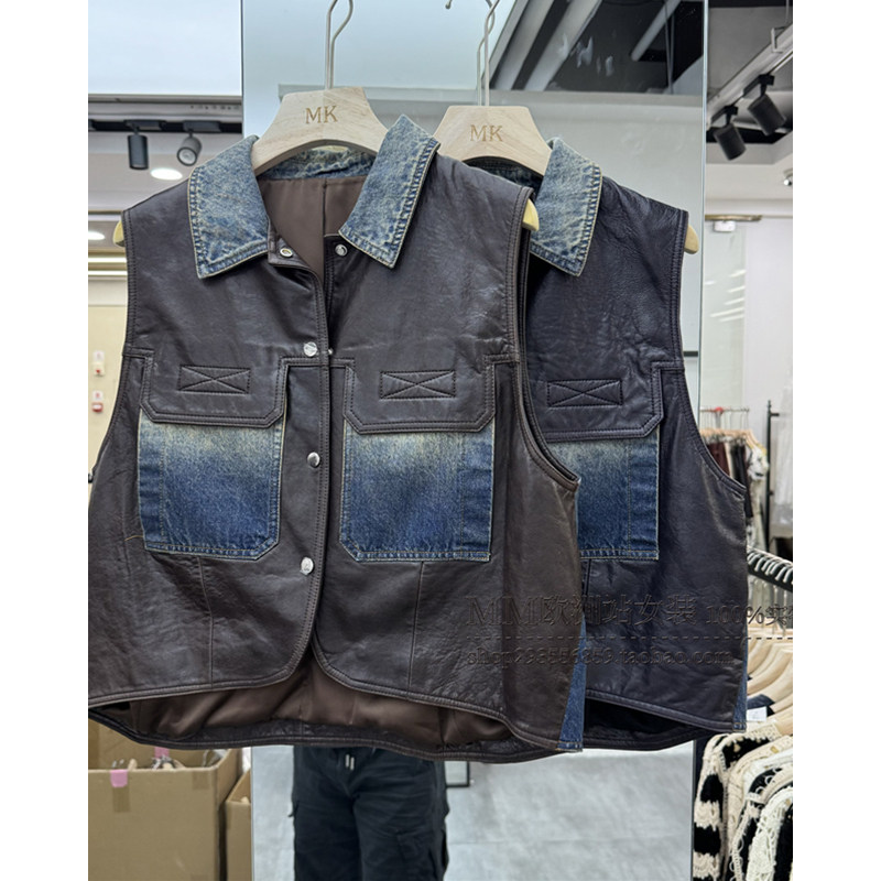 早秋新款精品女装牛仔拼接真皮绵羊皮马甲外套B1450