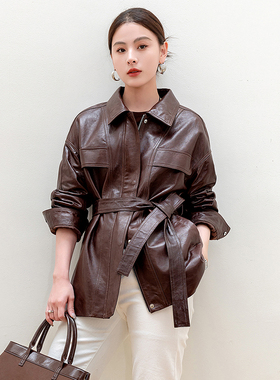 2025新款 高档油蜡绵羊皮风衣女收腰休闲中长款真皮皮衣B1383