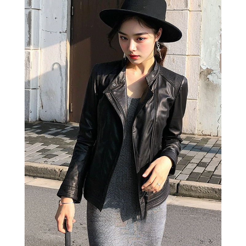 进口绵羊皮皮衣女机车经典百搭海宁皮夹克外套短款修身P41501