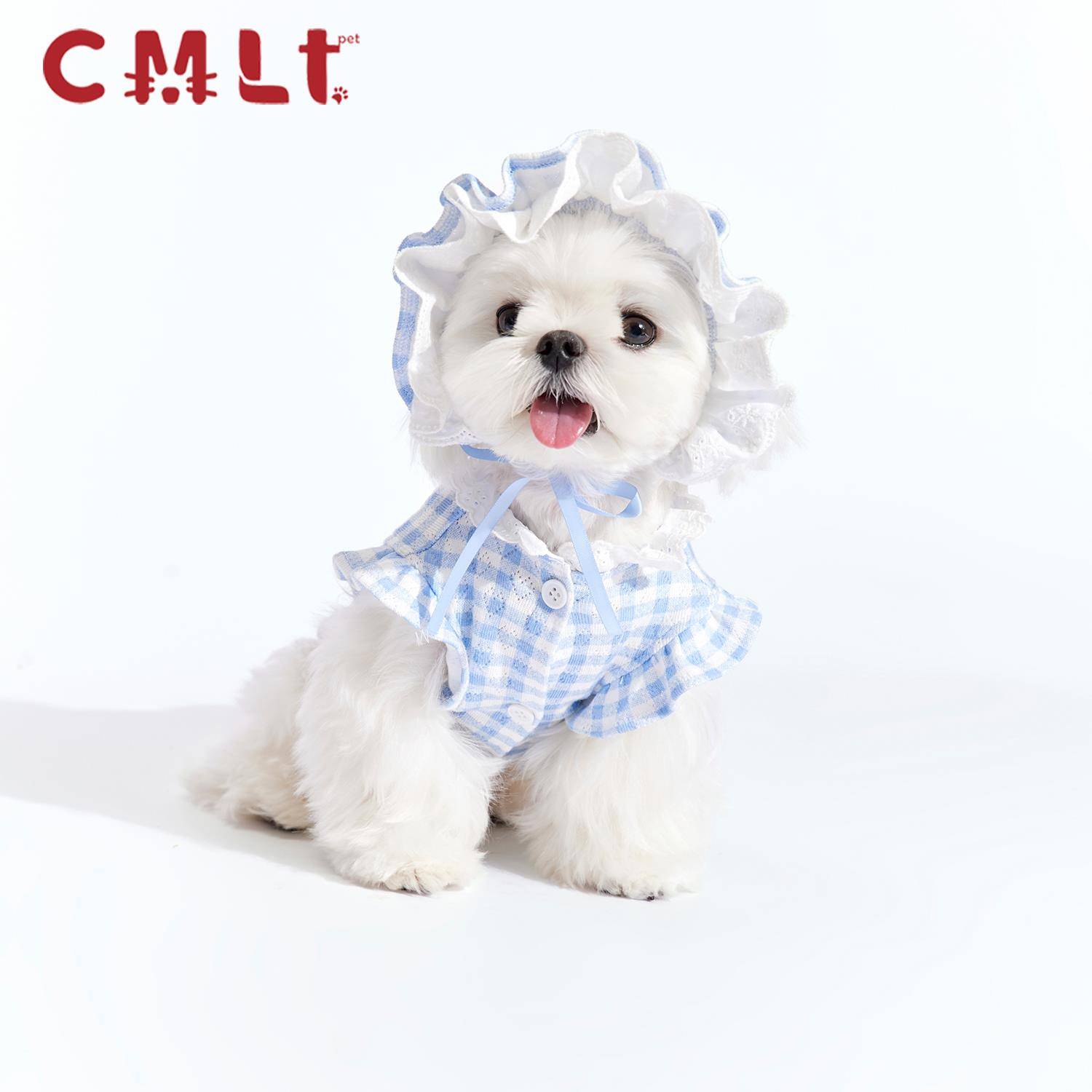 「CMLT PET」蓝白格针织宠物背心宠物帽狗狗猫咪衣服太阳帽防晒