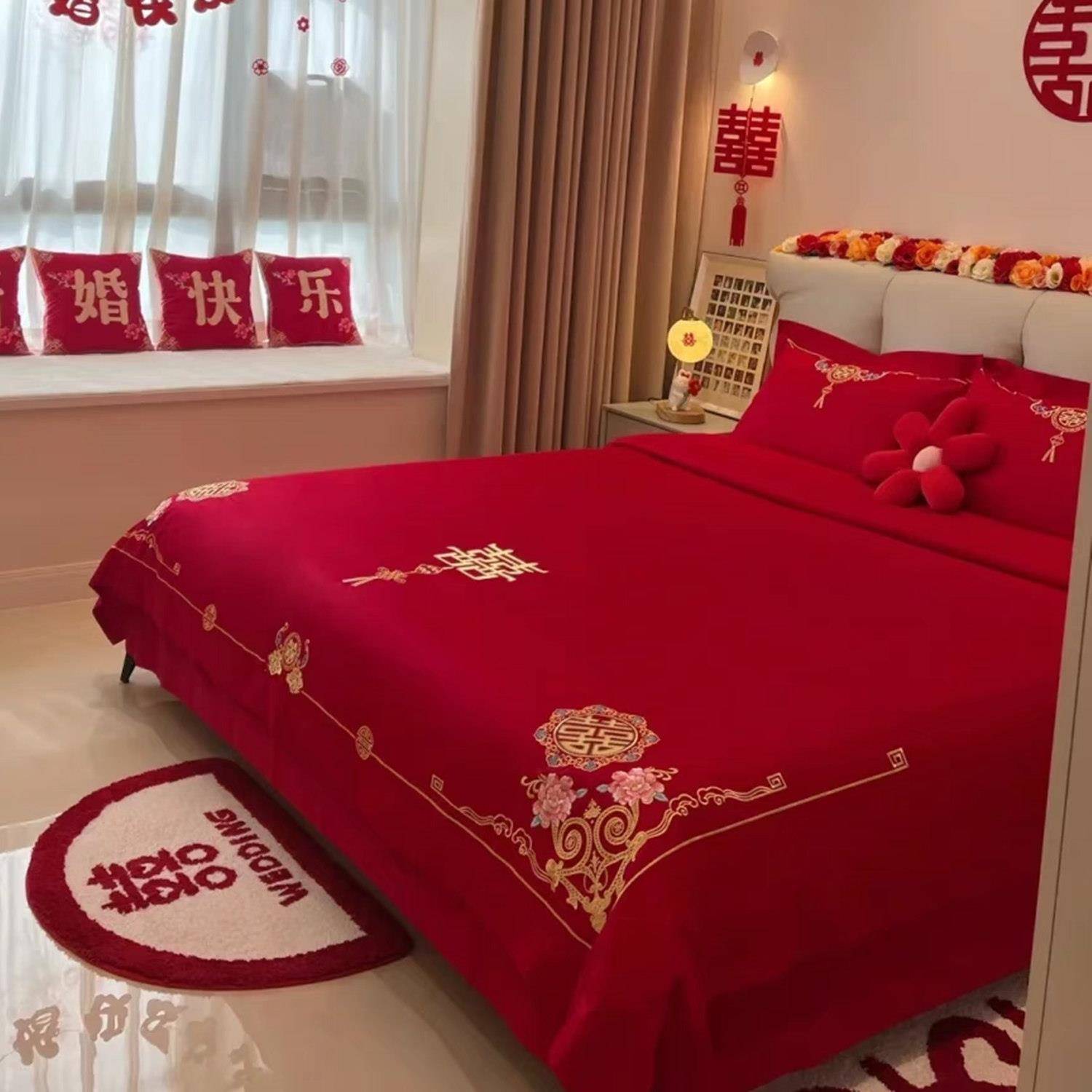 高级感新款结婚床上用品四件套纯棉陪嫁新房被套红色喜被婚庆床单