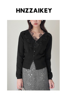 HNZZAIKEY 蕾丝拼接V领针织开衫冬季新款通勤长袖毛衣 J802C