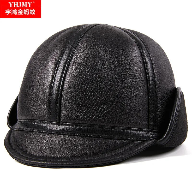 真皮老人男冬季保暖护耳鸭舌帽中老年人棒球帽老头羊皮地主棉帽耳