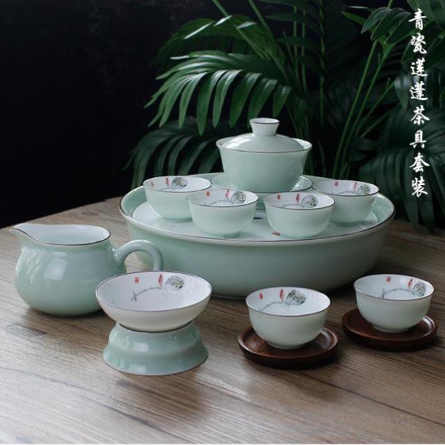 潮汕功夫茶具套装家用青瓷莲蓬梅花茶盘盖碗茶壶茶杯整套茶具陶瓷