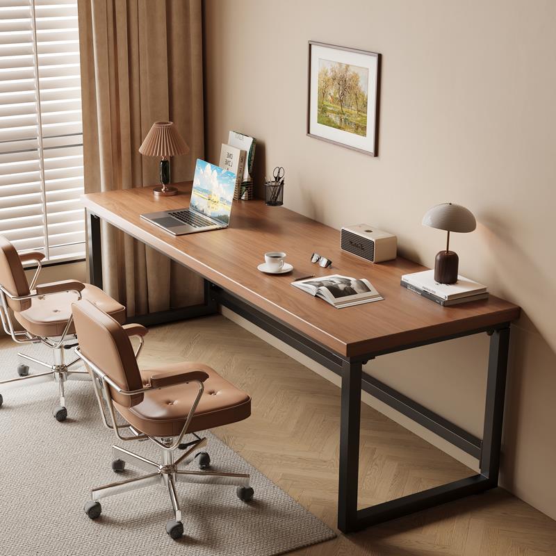 实木大板双人书桌家用长条桌卧室中古风电脑桌学习写字桌办公桌