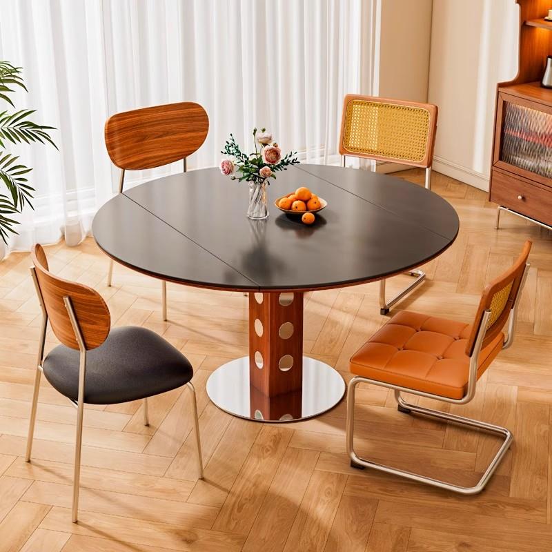 中古风实木岩板餐桌家用小户型轻奢极简伯桌子可折叠圆桌