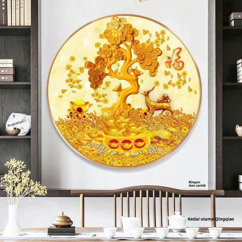 5d钻石画玄关圆形满钻新款贴十字绣钻石绣2025客厅发财树招财进宝,居家布艺,钻石绣,淘宝优惠券,粉丝福利购,淘宝优惠卷