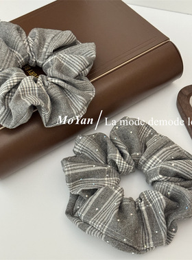 韩版简约灰色格纹大肠发圈2024新款秋冬扎头发绳耐用头绳头花