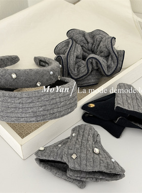 韩版灰色针织麻花发箍气质水钻珍珠头箍女感三角网红抓夹发圈