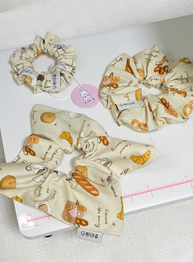 见甜则喜 原创手作自制设计感奶黄色面包咖啡大肠发圈方巾diy发绳