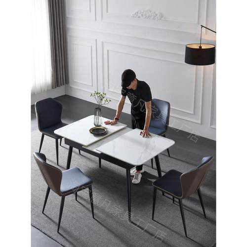 岩板餐桌可伸缩小户型家用长方形小餐桌1.1米1米意式极简拉伸饭桌