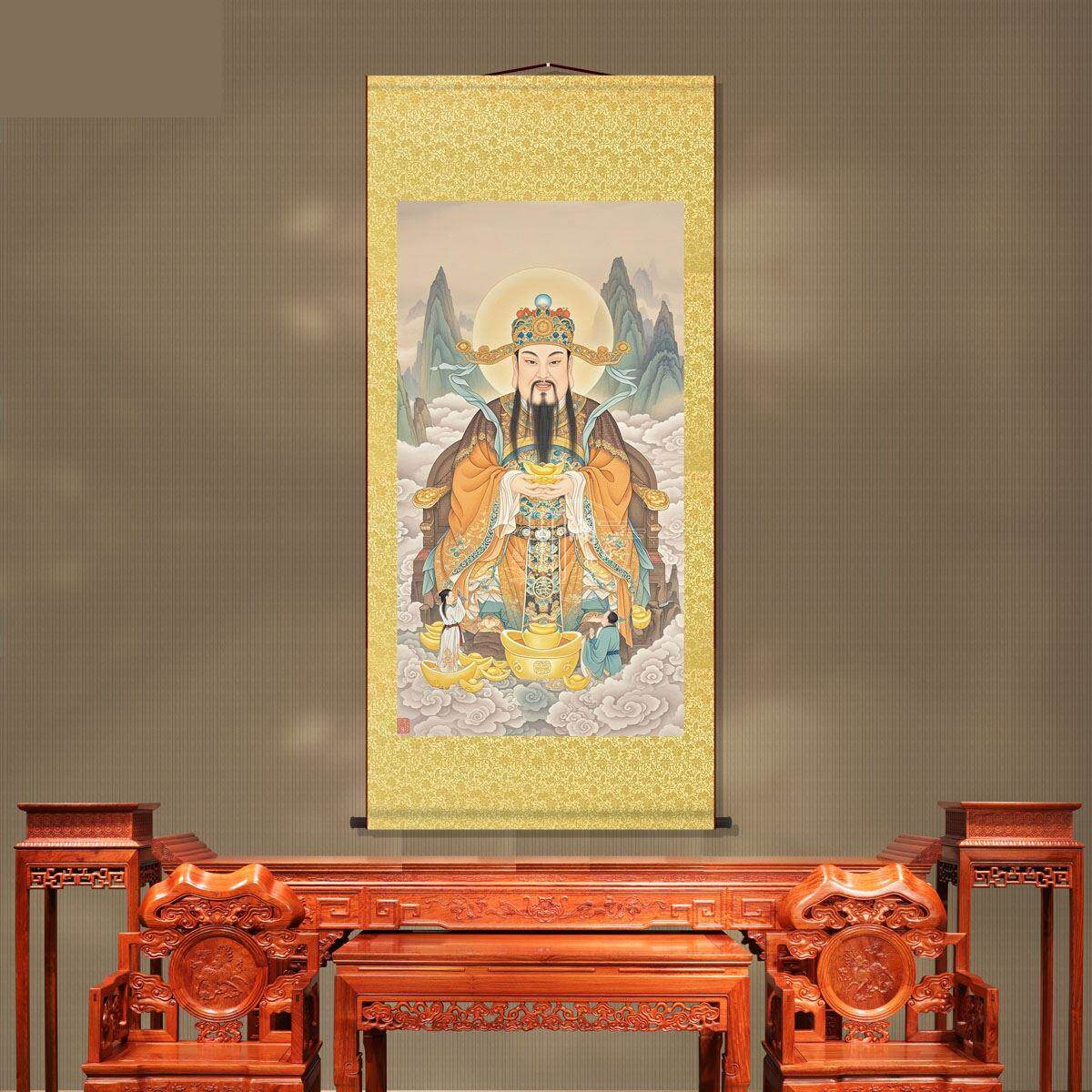 财神爷画像客厅迎财神卷轴挂画新中式装饰挂画丝绸布墙壁国画挂轴