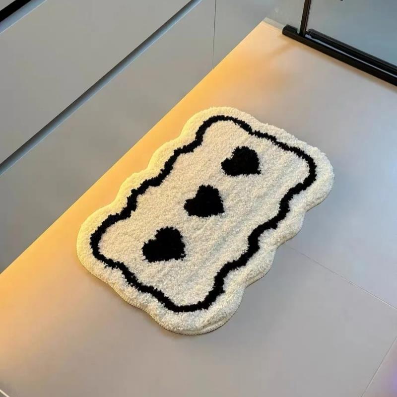 ins风黑白爱心浴室吸水地垫家用加厚绒毛卫生间防滑脚垫植绒地毯