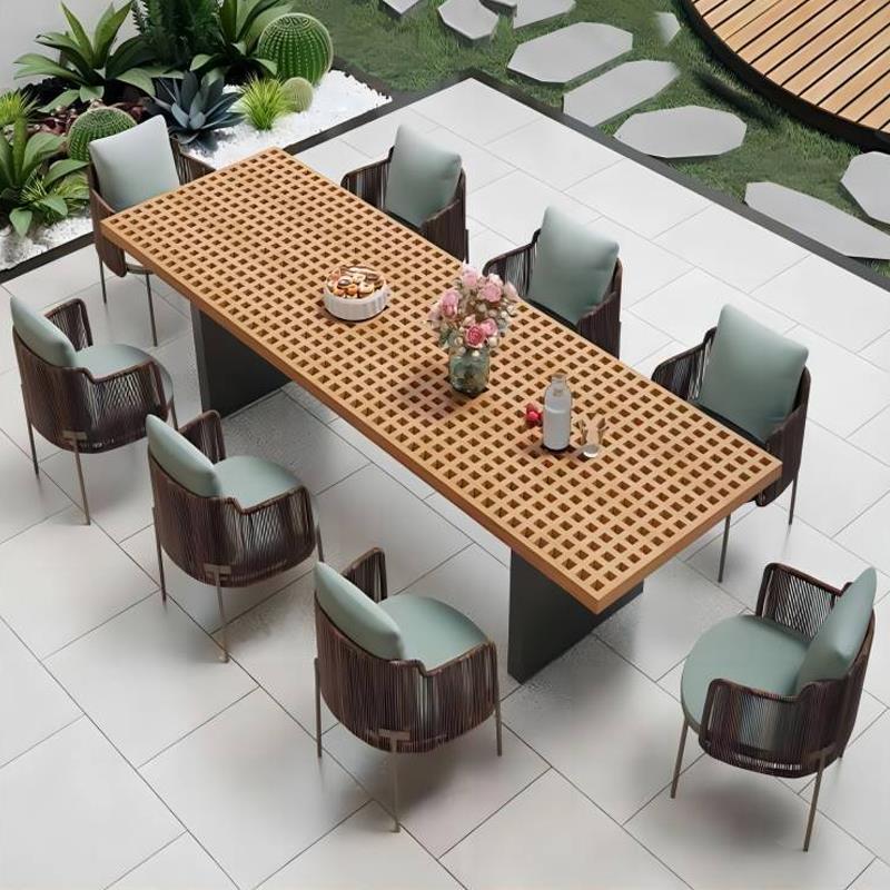 户外柚木餐桌椅庭院民用样板房组合阳台花园休闲 防水不锈钢藤编