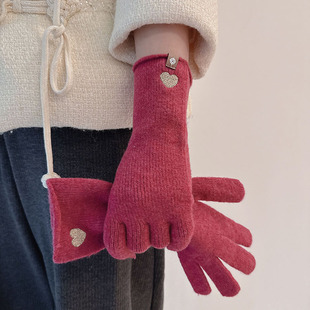 AIM实体爆款 刺绣小爱心羊毛混纺手套女露二指可触屏甜美日韩新款