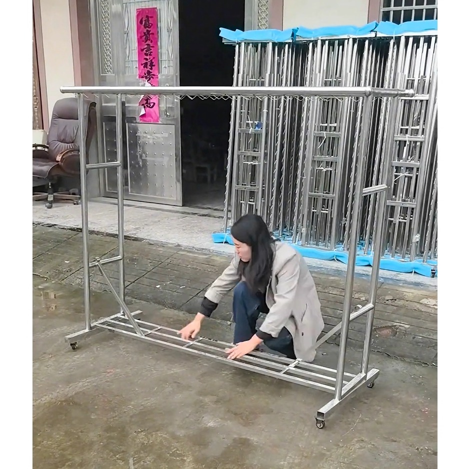 晾衣架可移动不锈钢双杆晒衣架阳台落地晒被子加厚室外防风网红