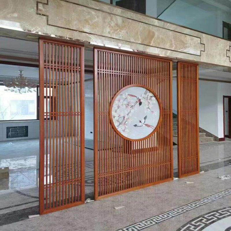 东阳木雕新中式实木玄关隔断屏风客厅定制双面雕刻背景墙吊顶格栅