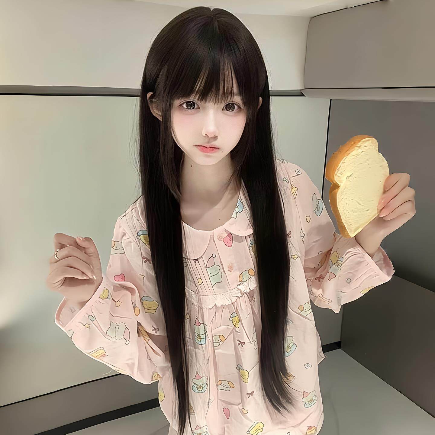 轻丝假发女长发85cm网红lolita长直发自然黑色齐刘海全头套jk少萝