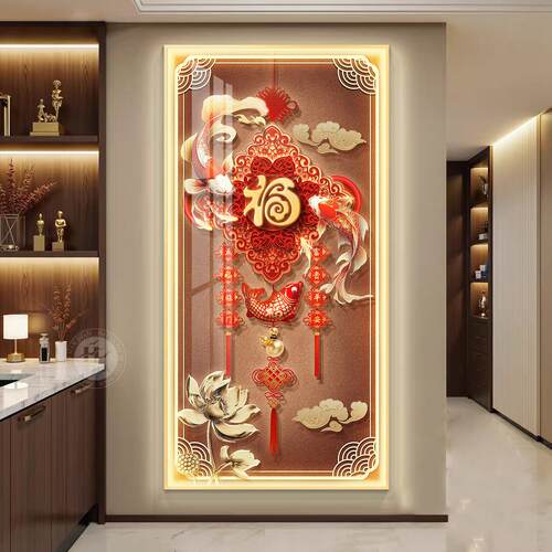 新中式锦鲤玄关装饰画高级感入户正对门挂画led带灯走廊过道壁画