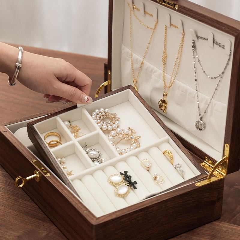 黑胡桃木首饰盒双j层大容量实木首饰收纳盒项链珠宝盒高档带锁轻