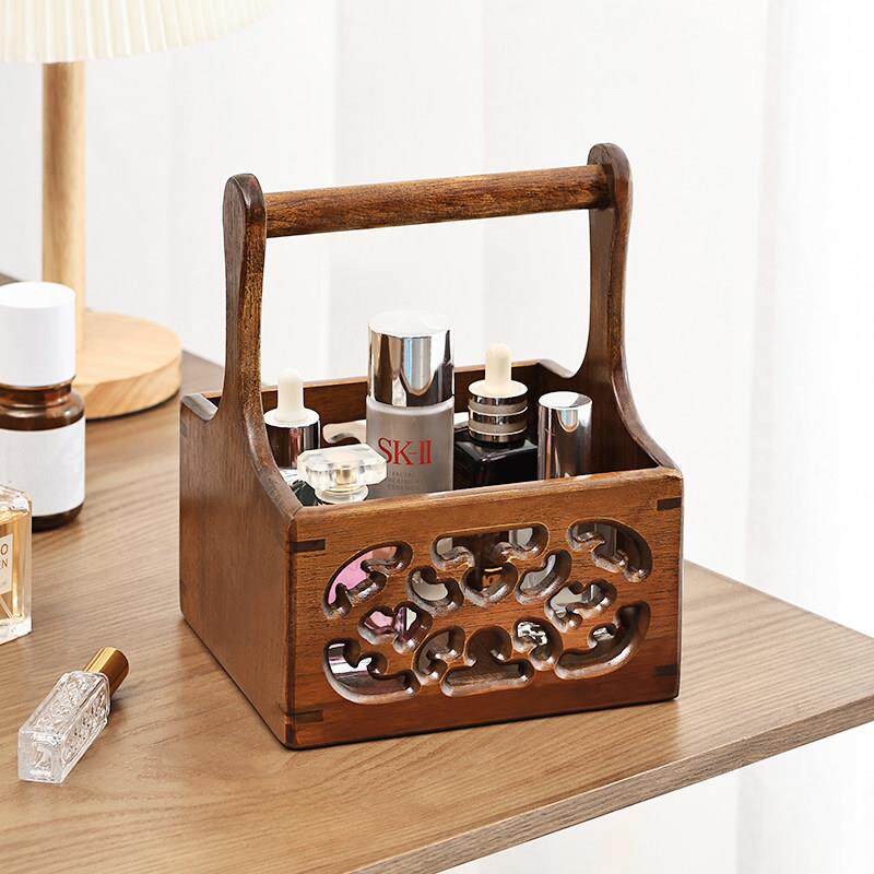 异丽实木手提收纳篮新中式桌面覆古木质化妆品护肤品收纳盒置物架
